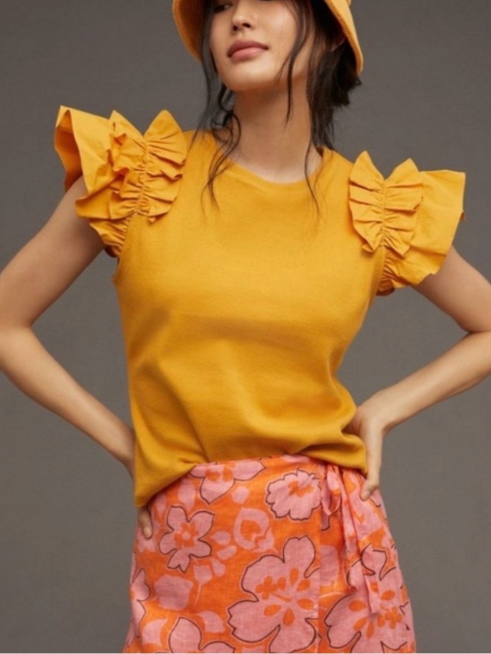 Anthropologie Mustard Yellow Flutter Sleeve Ribbed Knit Top